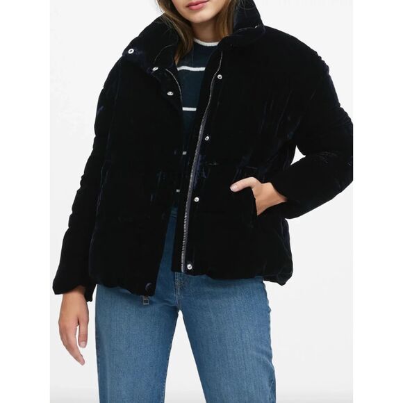 Banana Republic Velvet Boxy Puffer Jacket Midnight Navy Thermore Insulation Med - Picture 1 of 10